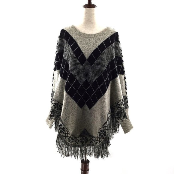 Yaira batwing plaid fringe pullover puncho - Picture 1 of 13